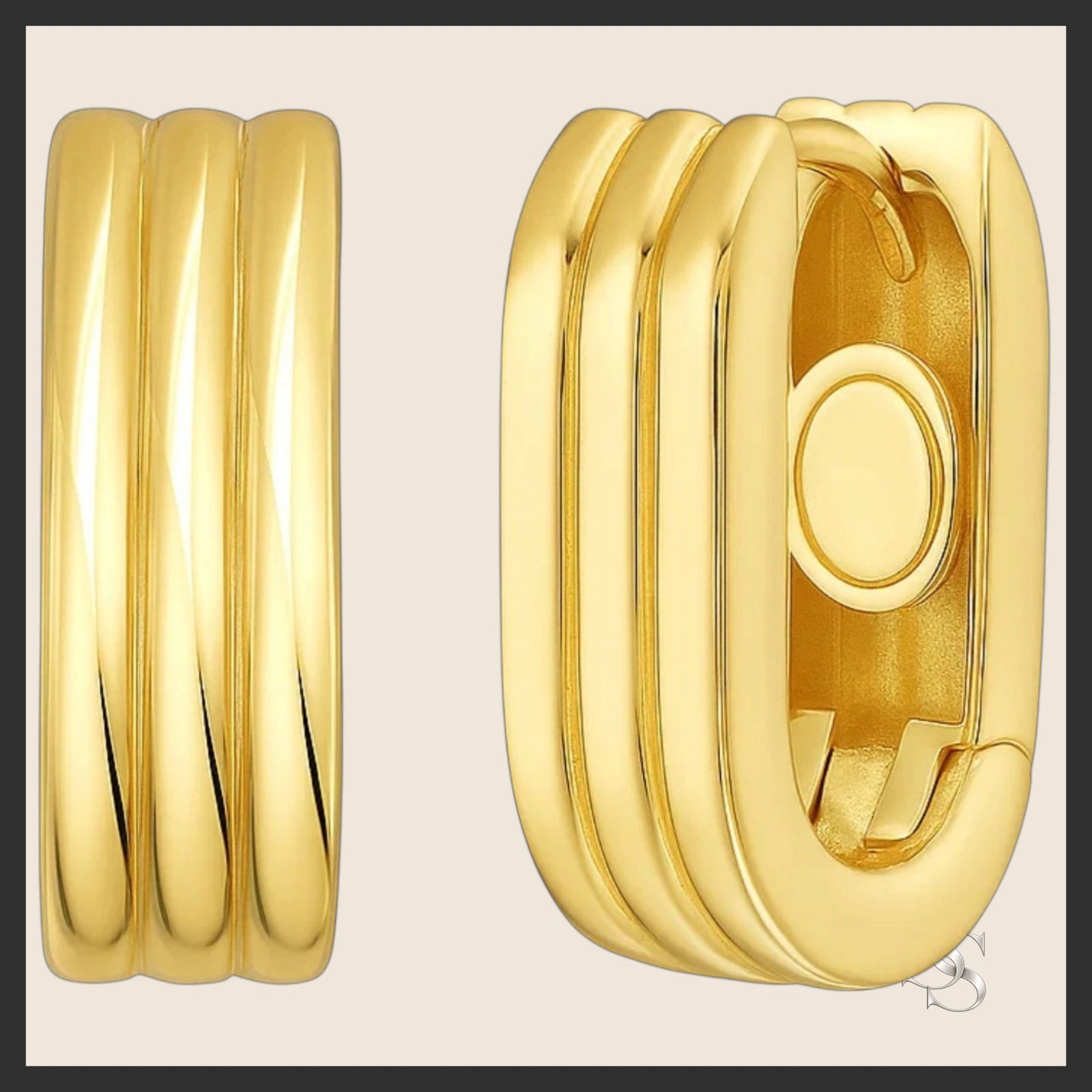 14K Yellow Gold Fancy Oval Triple Row Hoop Earrings