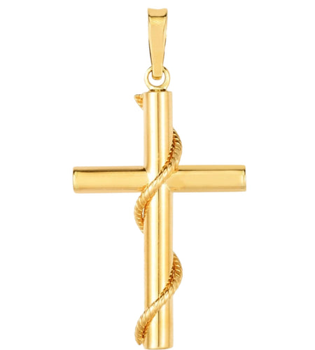 14K Yellow Gold Tube Cross Pendant with Twisted Rope Detail