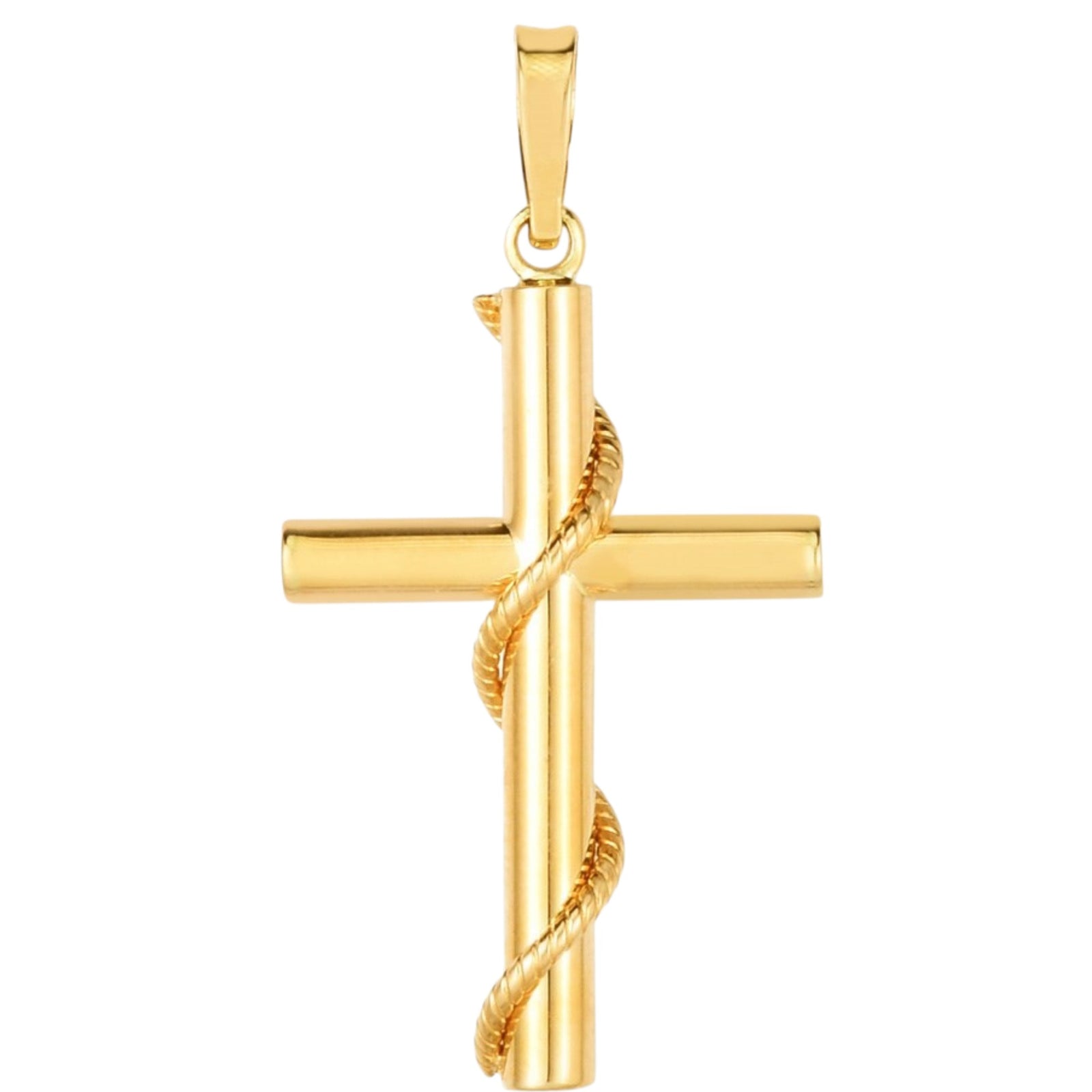 14K Yellow Gold Tube Cross Pendant with Twisted Rope Detail