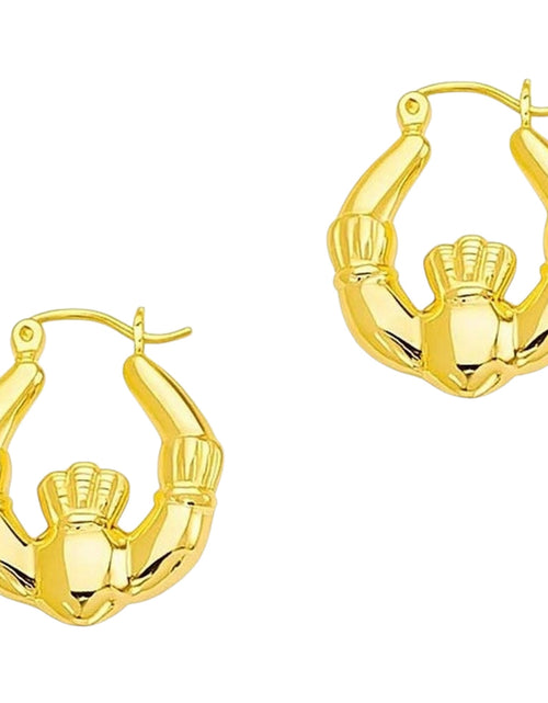 Load image into Gallery viewer, 14K Yellow Gold Claddagh Symbol Hoop Earrings
