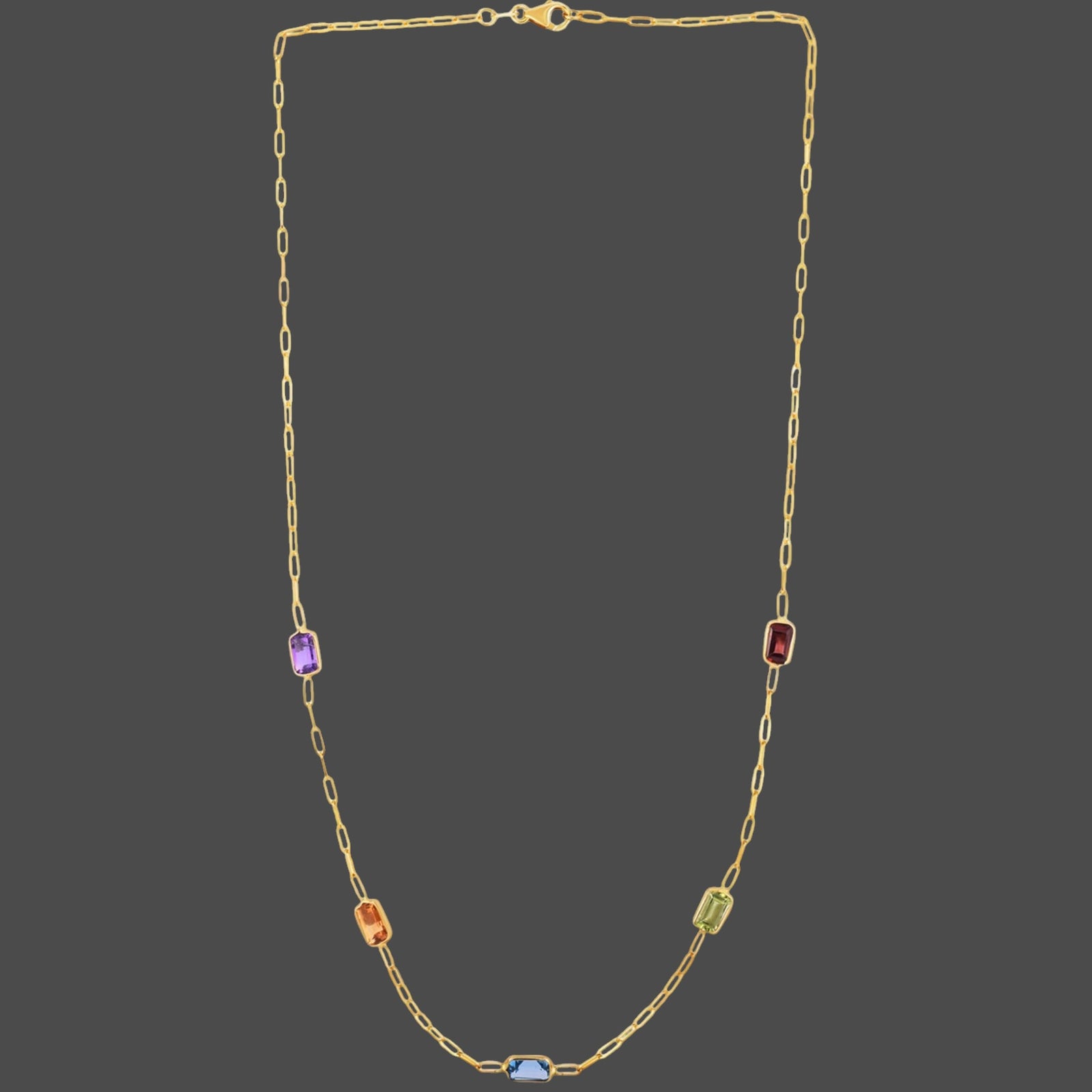 14K Yellow Gold Multi-Gemstone Baguette Paperclip Necklace 17 Inch