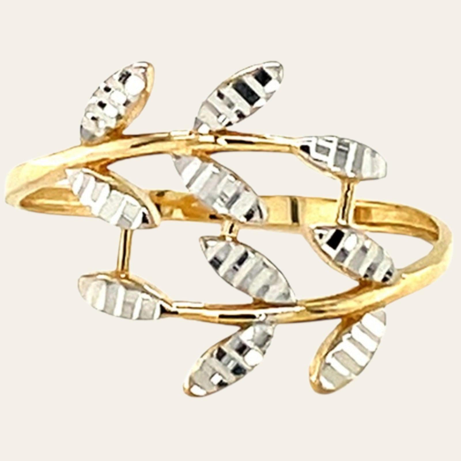 14K Two-Tone Gold Textured Leaf Crossover Ring