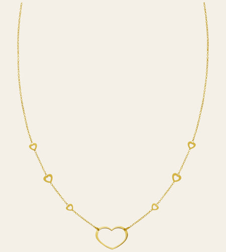 14K Yellow Gold Open Heart Station Necklace 18 in Adjustable Heart Necklace