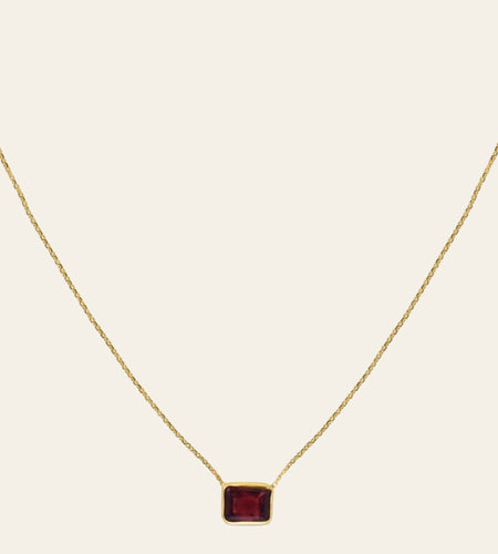 14K Yellow Gold Emerald Cut Garnet Necklace 18 in Minimalist Gemstone Necklace