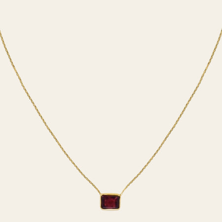 14K Yellow Gold Emerald Cut Garnet Necklace 18 in Minimalist Gemstone Necklace
