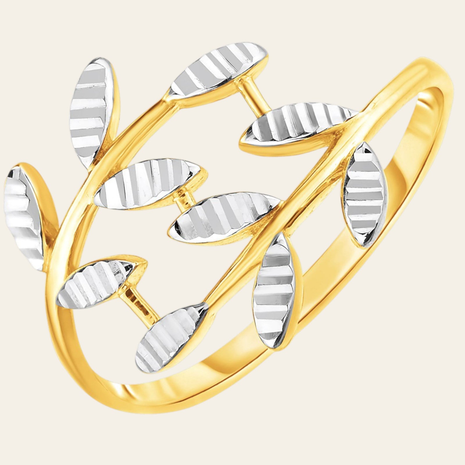 14K Two-Tone Gold Textured Leaf Crossover Ring