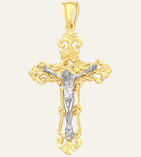 14K Two-Tone Gold Ornate Crucifix Cross Pendant – 1.54 Inches