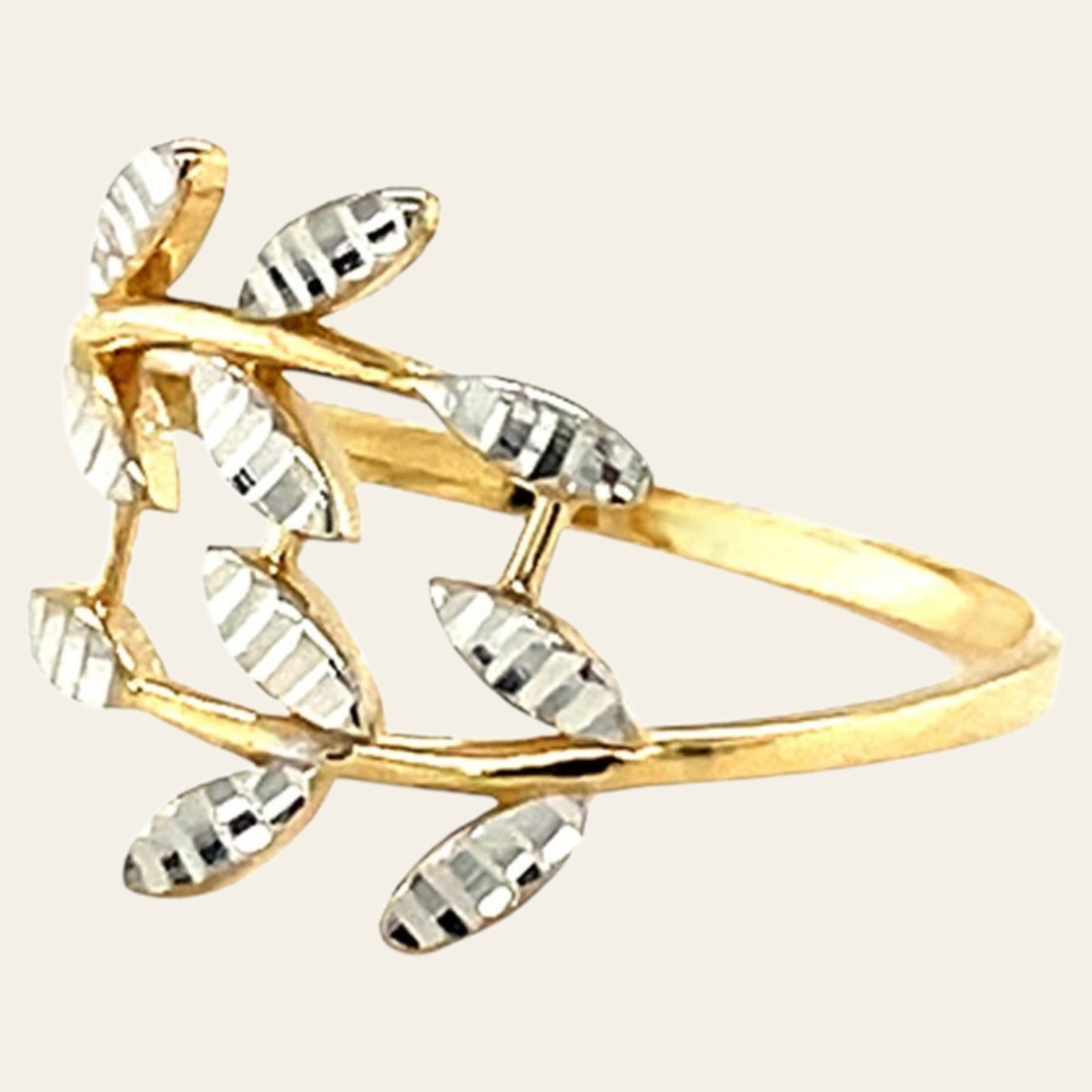 14K Two-Tone Gold Textured Leaf Crossover Ring