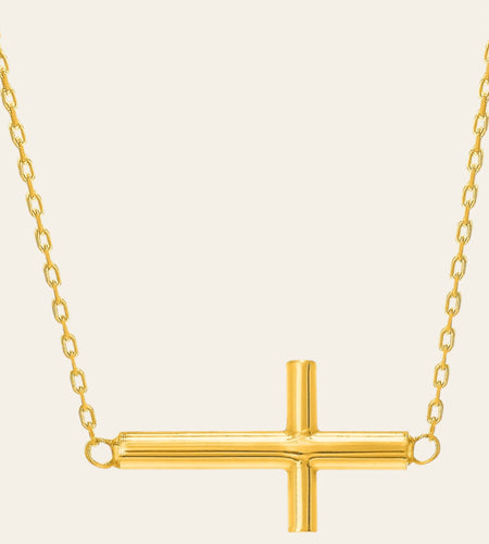 14K Yellow Gold Polished Cross Necklace 18 in Horizontal Faith Necklace