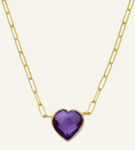14K Yellow Gold Amethyst Heart Necklace – Adjustable 15.75 to 18 Inch