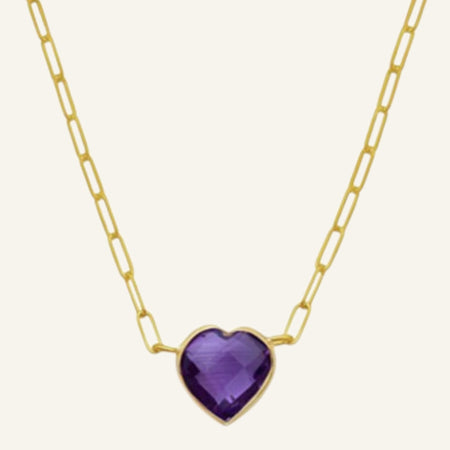 14K Yellow Gold Amethyst Heart Necklace – Adjustable 15.75 to 18 Inch