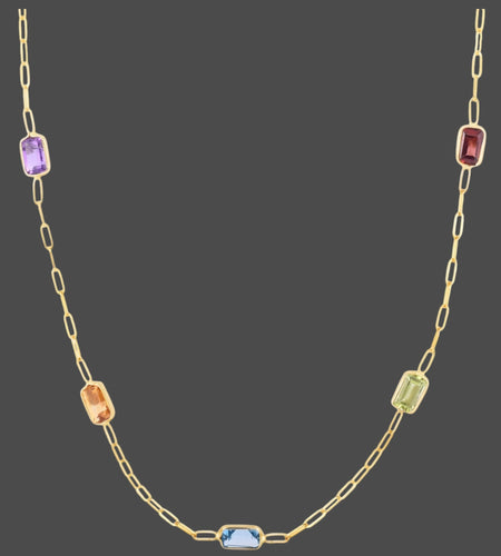 14K Yellow Gold Multi-Gemstone Baguette Paperclip Necklace 17 Inch