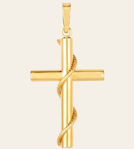 14K Yellow Gold Tube Cross Pendant with Twisted Rope Detail