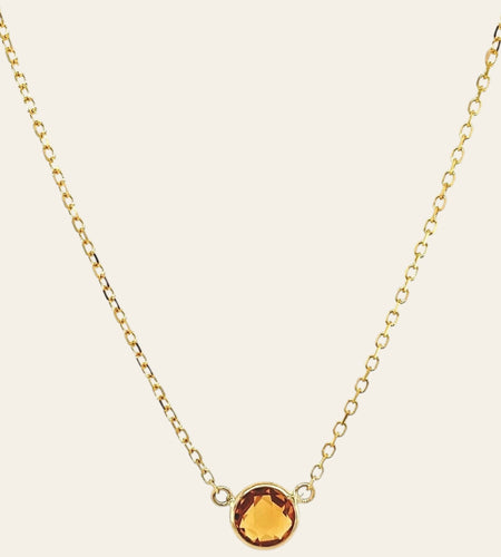 14K Yellow Gold Round Citrine Bezel Necklace 17 Inch