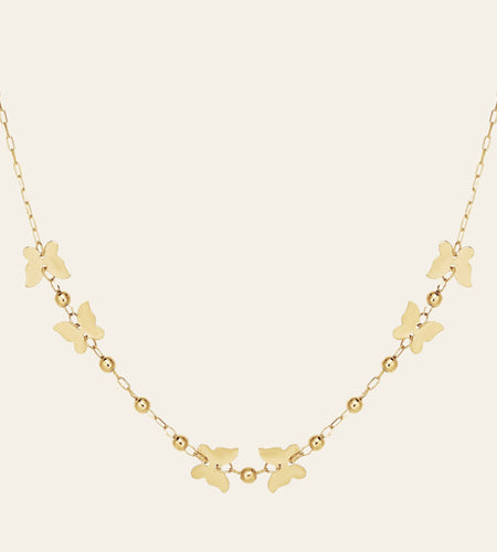 14K Yellow Gold Polished Butterfly and Bead Necklace 18 in