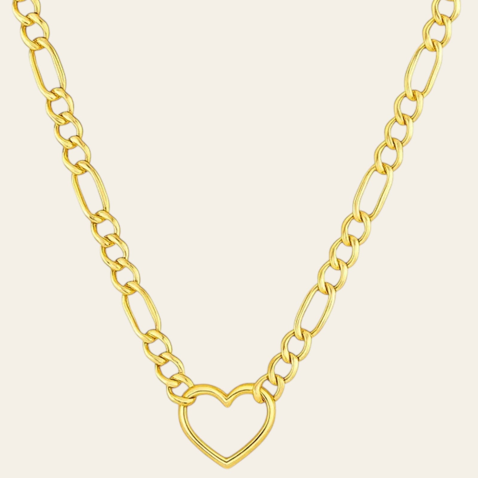 14K Yellow Gold Figaro Chain Open Heart Necklace 18 Inch