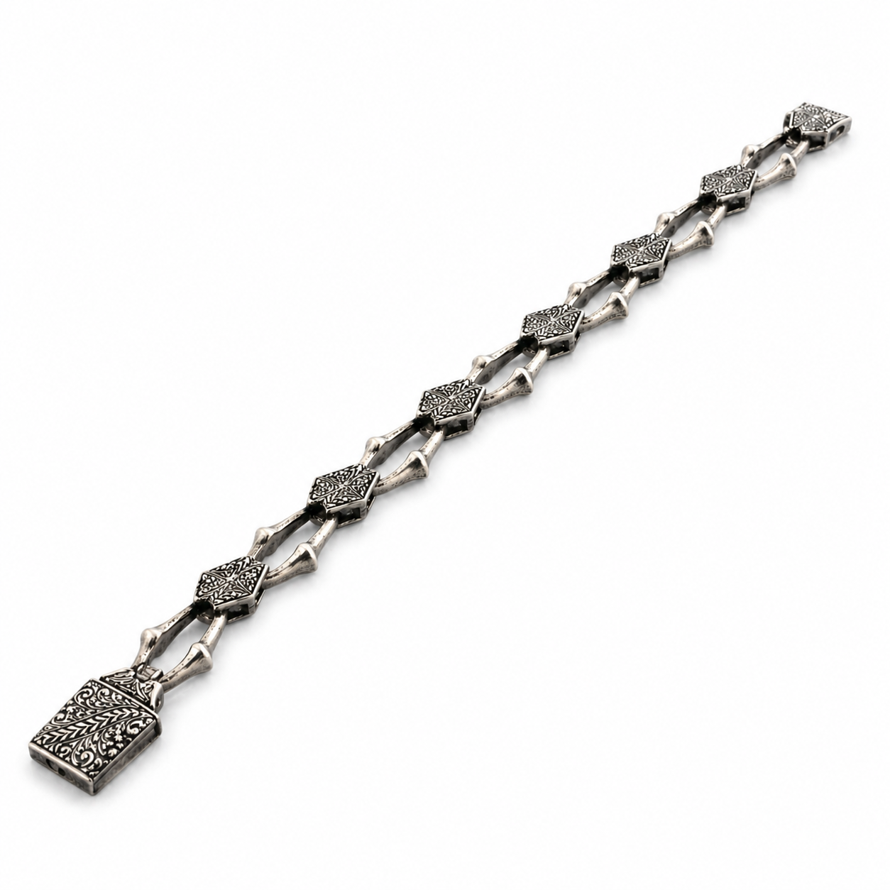 Heritage Forge Silver Bracelet-Heavy 926 Sterling Silver Engraved Link Bracelet – Ornate Artisan Box Clasp (8.66")